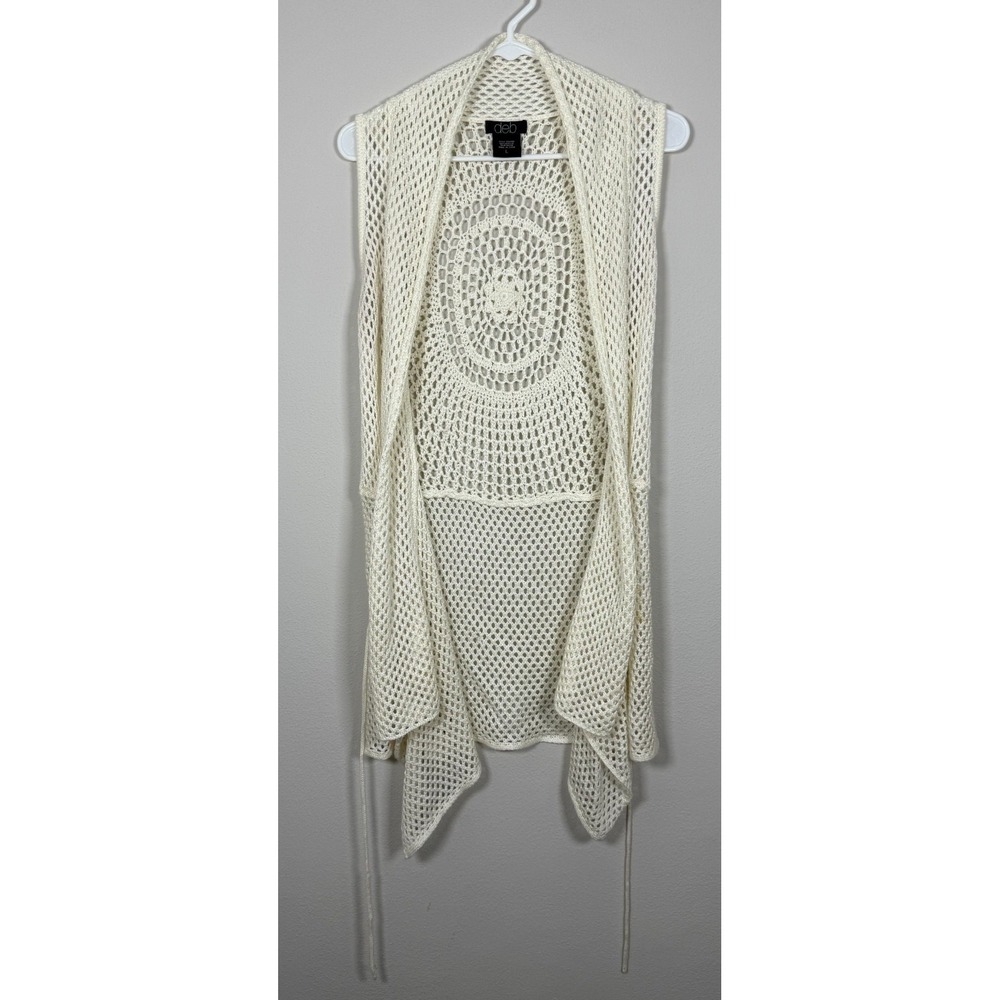 Crochet Open Front Vest Cardigan Sweater Large Boho Festival Ivory Longline